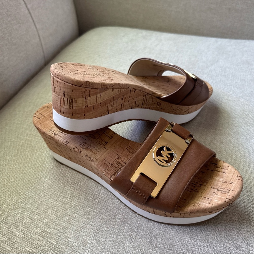 Michael Kors  Warren Luggage Leather Wedge Platform  Sandals